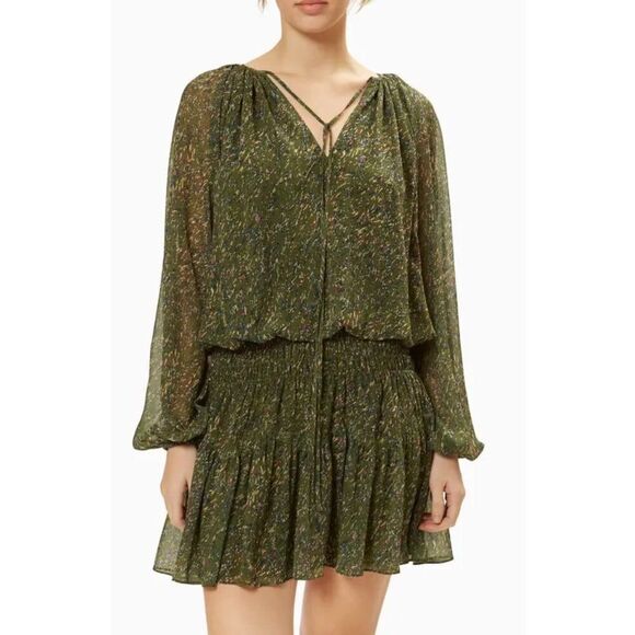 Ramy Brook Dresses & Skirts - Ramy Brook NWT Chandelar Long Sleeve Printed Blouson Dress in Olive Size M